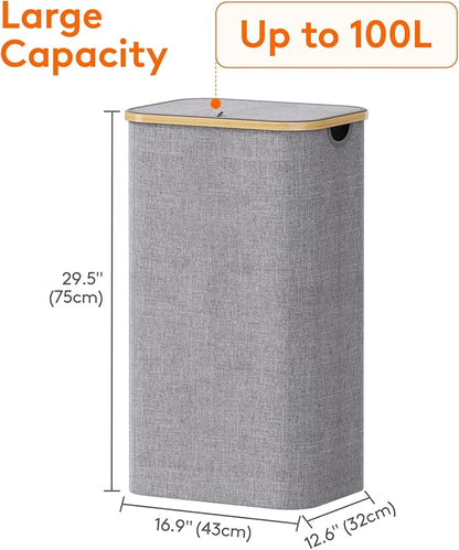 Lifewit 100L Laundry Basket with Lid, Clothes Hampers for Laundry with Bamboo Handles and 1 Removable Bag, Large Foldable Laundry Hamper for Bedroom, Bathroom, Dorm, Laundry Room, Light Gray
