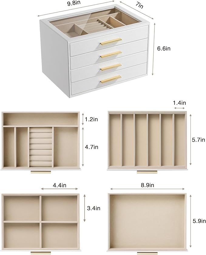 pickpiff Jewelry Box Organizer Case for Women: 4-Layer Jewelry Storage Case with Glass Window, Pure White Leather with Velvet Holder for Ring Necklace Bracelet Brooch Watch, Great Gift for Her