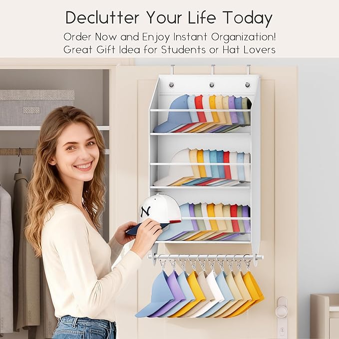 Homsorout Over the Door Hat Rack - 3-Layer Design Hat Organizer Holds 30-36 Hats with 10 Hooks, Ideal Hat Rack for Door, Over the Door Organizer for Closet, Apartment, Bedroom, Dorm, 2 Pack, White