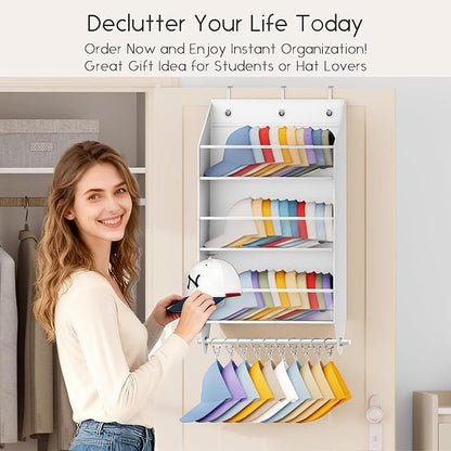 Homsorout Over the Door Hat Rack - 3-Layer Design Hat Organizer Holds 30-36 Hats with 10 Hooks, Ideal Hat Rack for Door, Over the Door Organizer for Closet, Apartment, Bedroom, Dorm, 2 Pack, White
