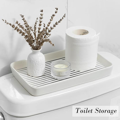Bathroom Vanity Tray for Countertop,2PC Rectangle Striped Tray,Decorative Bathroom Organizer for Scrubber, Lotion Bottles, Perfume, Jewelry, Candle, Key Trinket Ring(Large,White)