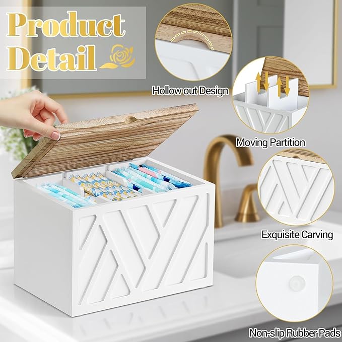 2 PCS White Tampon Holder for Bathroom Decor, Feminine Product Organizer With Lid, Shark Week Storage, Wood Pad Box for Toilet, Bathroom Accessories