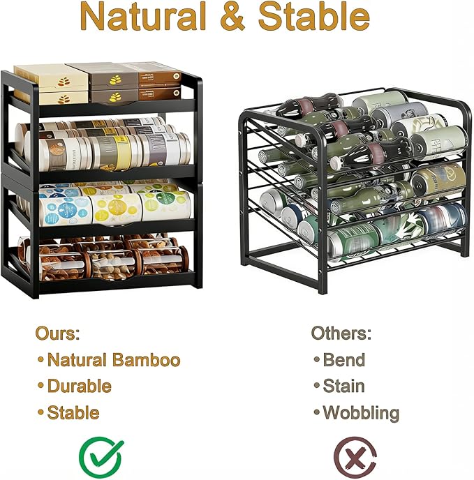 BAMBANG Can Organizer for Pantry, Detachable Bamboo 4 Tier Stackable Can Storage Rack, Rolling Soda Can Dispenser Can Holders for Cabinet, Holds Up to 48 Cans, Black