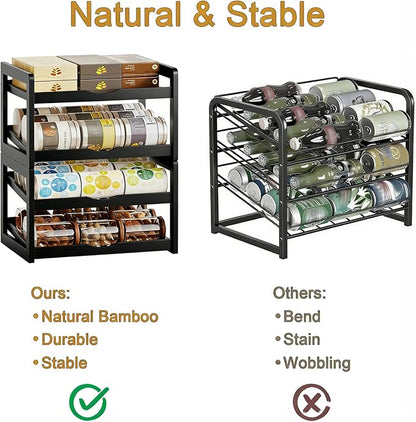 BAMBANG Can Organizer for Pantry, Detachable Bamboo 4 Tier Stackable Can Storage Rack, Rolling Soda Can Dispenser Can Holders for Cabinet, Holds Up to 48 Cans, Black