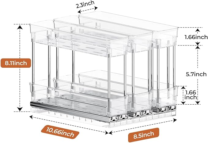 Mystozer Pull Out Spice Rack Organizer for Cabinet, Slide Out Spice Racks Organizer, Easy to Install Spice Cabinet Organizers, 2.3''Wx10.66''Dx8.11''H, 3 Packs-2 Tiers(Clear)