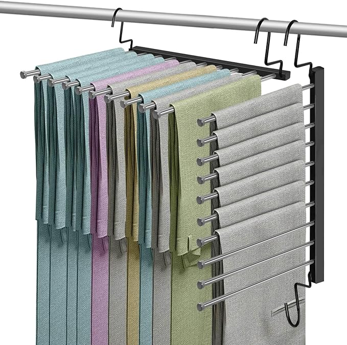 Pants Hangers Space Saving for Closet, 10-Tier Metal Jean Hangers Organizer, Collapsible Non-Slip Trouser Hangers, Magic Rotational Pant Rack for Display and Storage, College Dorm Essentials