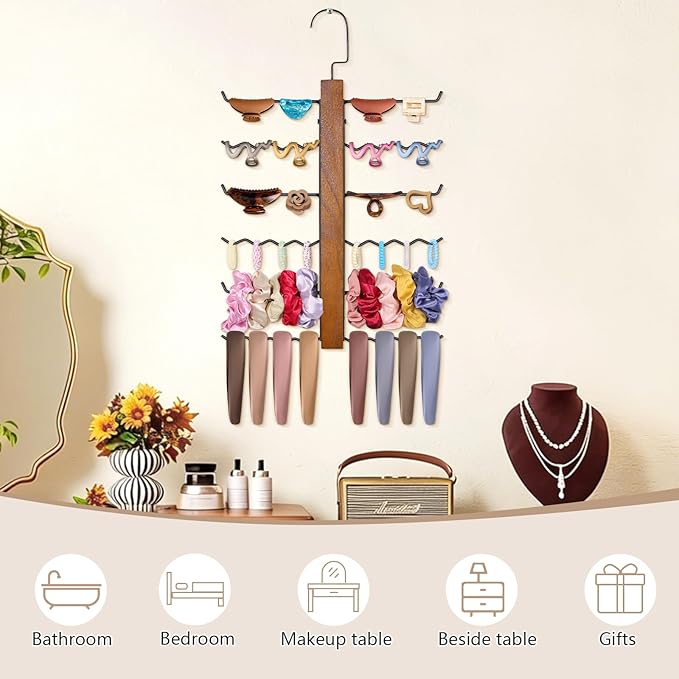 SNOWSTAR Claw Clip Organizer and Scrunchie Holder,6-Tier Iron Rod Hair Clip Holder Hanger for Women Girls,Metal&Wood Claw Clips Organizer Hanger Home Decor for Wall,Door,Closet