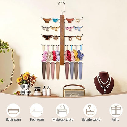 SNOWSTAR Claw Clip Organizer and Scrunchie Holder,6-Tier Iron Rod Hair Clip Holder Hanger for Women Girls,Metal&Wood Claw Clips Organizer Hanger Home Decor for Wall,Door,Closet