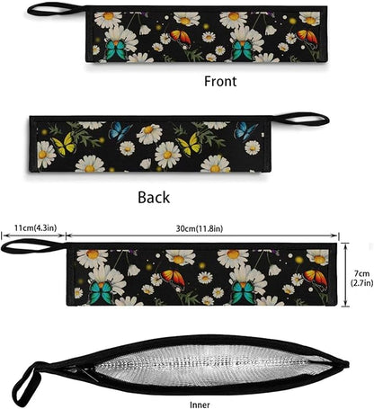 COEQINE Black Utensil Holder Small Foldable Flatware Organizer for Travel Work Portable Handles Silverware Bag Portable Leafproof Tableware Storage Bag With Zipper,Daisy Butterfly