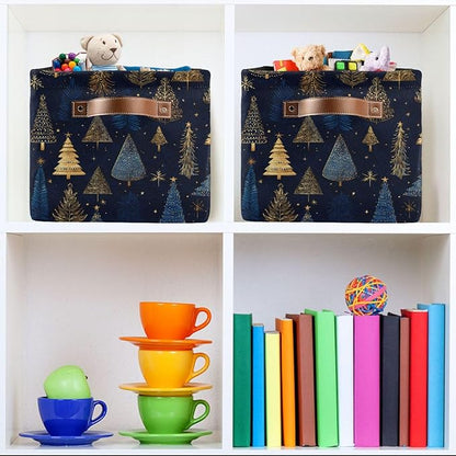 Large Storage Basket Gold Blue Christmas Trees Storage Bin Cube Canvas Fabric Organizer Handles Collapsible for Clothes Toys Bedroom Decorative