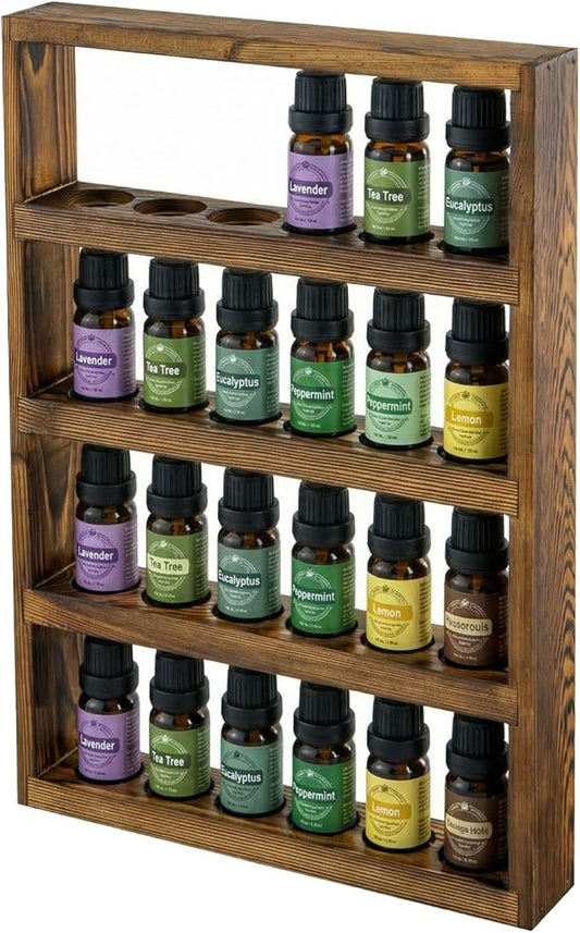 MyGift Vintage Dark Brown Solid Wood Wall-Mounted Essential Oil Holder Rack – 24-Bottle Storage Display Shelf