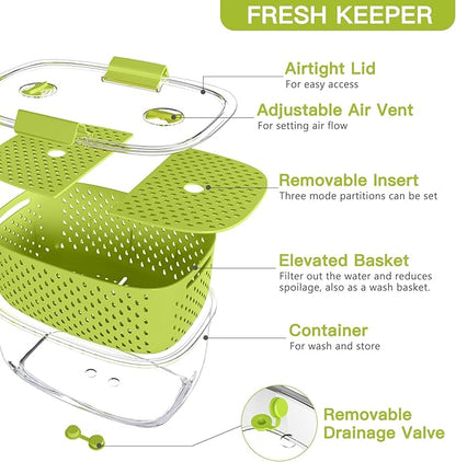 LUXEAR Fresh Produce Vegetable Fruit Storage Containers 3Piece Set, BPA-free Fridge Storage Container, Partitioned Salad Container, Fridge Organizers, Used in Storing Fruits Vegetables, Green