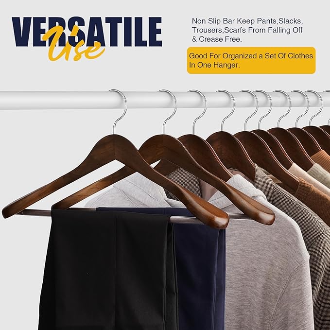 Wooden Coat Hangers - Wide Shoulder Hangers with Non Slip Pants Holder, Heavy Duty, for Men, Women, Suit, Coat, Jacket, Pants (Walnut, 10 Pack)