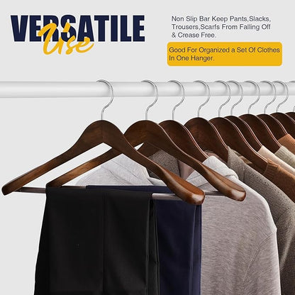 Wooden Coat Hangers - Wide Shoulder Hangers with Non Slip Pants Holder, Heavy Duty, for Men, Women, Suit, Coat, Jacket, Pants (Walnut, 10 Pack)