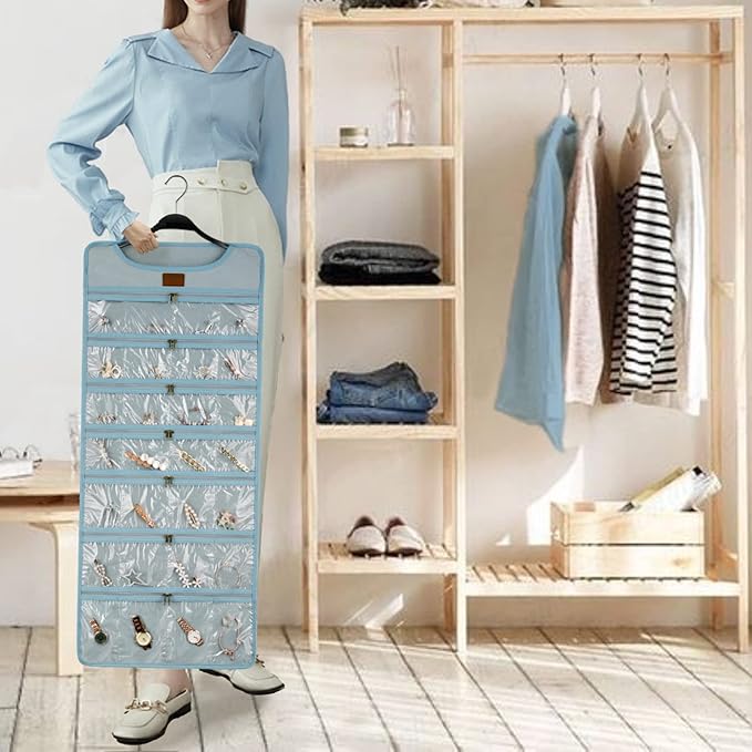 SMRITI Hanging Jewelry Organizer with Dual Zippered Pockets Canvas Double Sided Rotating Hanger Necklace Hanging Wall Organizer Earring Dustproof Holder Wall Mount Accessories Display Bag(Light Blue)
