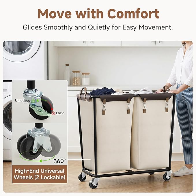StorageWorks 330L Extra Large Laundry Hamper with Wheels, Laundry Basket with Wheels 2 Sections, Clothes Sorter Cart with Divider for Hotel, Home, Beige, 1-Pack