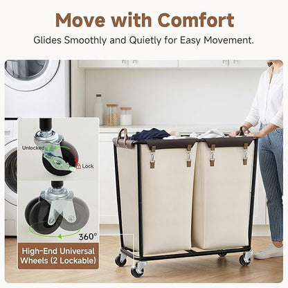 StorageWorks 330L Extra Large Laundry Hamper with Wheels, Laundry Basket with Wheels 2 Sections, Clothes Sorter Cart with Divider for Hotel, Home, Beige, 1-Pack