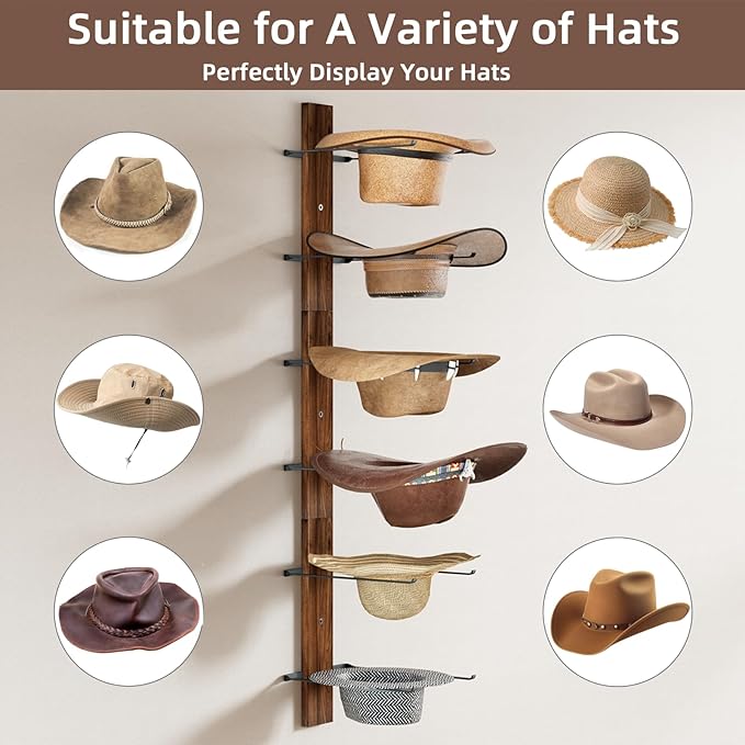 REFGY Cowboy Hat Rack for Wall, 6-Tier Solid Wood-Texture Western Hat Holder, Large Brim Hat Organizer for Wall Mount, Rustic Hat Hanger for Home Decor & Storage, Brown
