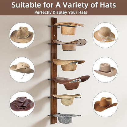 REFGY Cowboy Hat Rack for Wall, 6-Tier Solid Wood-Texture Western Hat Holder, Large Brim Hat Organizer for Wall Mount, Rustic Hat Hanger for Home Decor & Storage, Brown