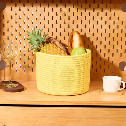 MiniArk Small Basket for Organizing | Cube Shelf Closet Storage Baskets | 9.7×9.7×7.1” | Woven Rope Gift Basket | Nursery | Round 3 Packs Yellow