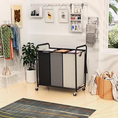180L (47.55 Gal) Laundry Sorter 3 Section, Rolling Laundry Basket with Lockable Wheels and Lid, Laundry Hamper with 3 Separated Removable Bags Dirty Clothes Hamper for Laundry Room, Multicolored