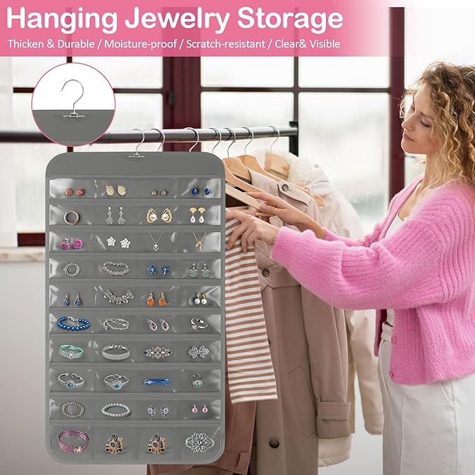 2 Pack Hanging Jewelry Organizer, 80 Clear Pockets earring organizer and storage, Accessories holder organizer for Closet, Jewelries, Necklace, Travel