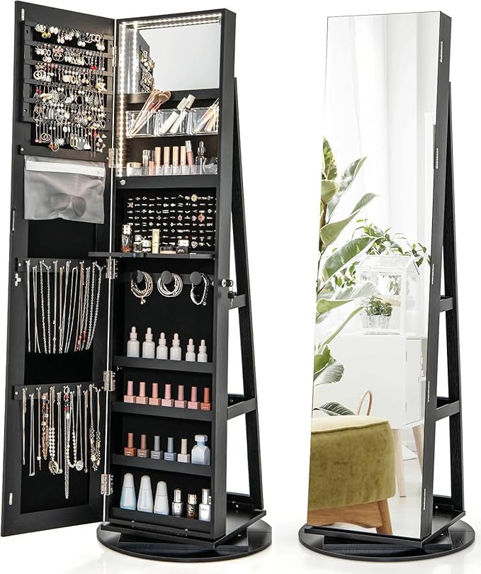 Multigot 3-Color LED Lights Jewellery Cabinet, 3-in-1 360° Swivel Jewelry Armoire with Full-Length Mirror, Lockable Cosmetic Storage Organizer for Dressing Room Living Room Bedroom (Black)