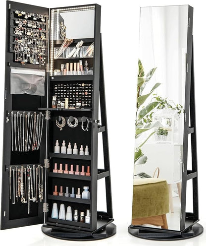 Multigot 3-Color LED Lights Jewellery Cabinet, 3-in-1 360° Swivel Jewelry Armoire with Full-Length Mirror, Lockable Cosmetic Storage Organizer for Dressing Room Living Room Bedroom (Black)