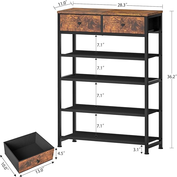 usikey Shoe Rack, 5 Tier Shoe Storage Organizer with 2 Drawers, Metal Shoe Shelf for 12-16 Pairs of Shoes, with 4 Oxford Fabric Shelves and Wooden Top, Shoe Stand for Closet Entryway, Rustic Brown