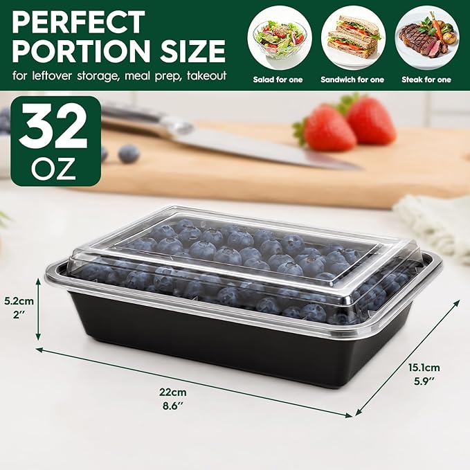 Glotoch Meal Prep Containers 32oz 50 Pack(100 Piece) with Lids, 1-compartment Plastic food storage containers Reusable, Bento boxes for portion control & takeout, Microwave/freezer/dishwasher safe