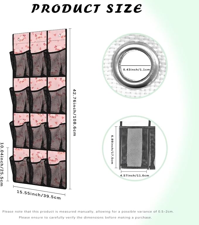 12-Compartment Over The Door Storage Bag, Waterproof Oxford Fabric Dirt-Resistant and Perfect for Organizing Household Items Efficiently, Pink Cartoon Pigs