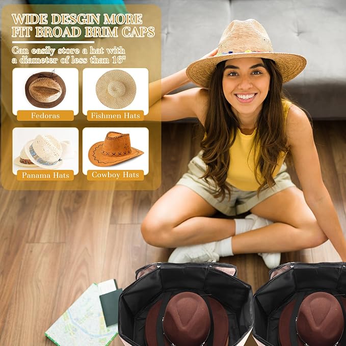 Wonderjune 2 Pcs Cowboy Hat Box for Storage Collapsible Sturdy Cowboy Hat Case with Handle for Men and Women Travel Storage Organizer Large Cap Bag for Closet (Brown)