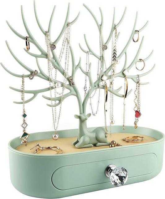 MORE&LESS Antlers Jewelry Display Stand with Drawer and Crystal Handle, Tree Tower Rack Hanging Organizer for Ring Earrings Necklace Bracelet