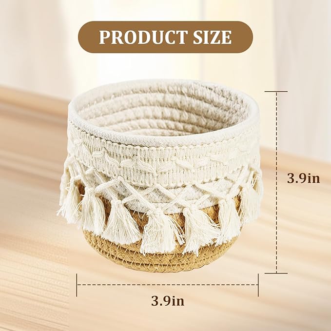 HEAVYWOOD Macrame Makeup Brush Holder Organizer 3.9''x3.9'' Mini Makeup Containers Boho Small Round Storage Basket Tassels Fringe Decorative Pencil Holder Set of 2 (3.9''x3.9'',Khaki)