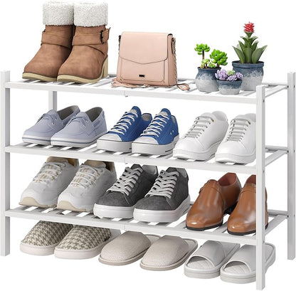 viewcare White Shoe Rack, 3-Tier Bamboo Wood Shoe Rack for Closet, Entryway & Hallway, and Stackable Shoe Shelf Storage Organizer for Indoor and Outdoor