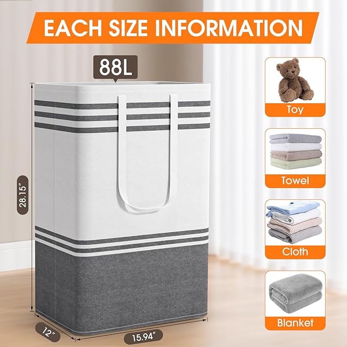 4 Pack Large Laundry Baskets, Laundry Hampers, Freestanding Waterproof Collapsible Clothes Bag with Extended & Reinforced Handles - Clothes Basket for Dorm, Bathroom, Home (88L)