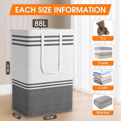 2 Pack Large Home Laundry Basket, Laundry Hamper, Freestanding Waterproof Dirty Clothes Bag, Tall Clothes Hamper - Extended & Reinforced Handles for College Dorm, Family (Light Grey/88L)