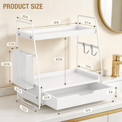 2 Tier Bathroom Counter Organizer Wood - Tiered Bathroom Countertop Shelf with Drawer, Removable Basket & 2 Hooks, Makeup Vanity Organizer for Skincare Perfume Toiletries, 13'' White