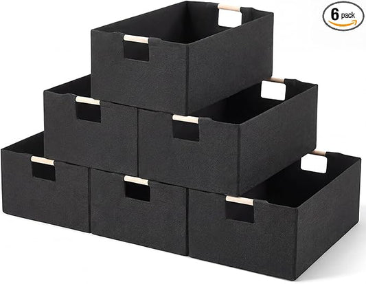 Cinnvoice Fabric Storage Bins for Closet Shelves, Rectangle Wardrobe Organizer with Handle, Collapsible Shelves Storage Basket for Sorting Clothes and Toy (6 Pack,Black,15 x 10.6 x 6 Inch)