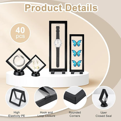 40 PCS Floating Display Case, 3D Challenge Coin Display Holder Frames with Stands, Transparent PE Jewelry Storage Box for Butterfly, Medallion, Shells, Gems, Pins, Specimen (Black)