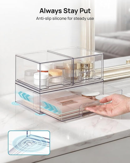Vtopmart Stackable Storage Drawers Set of 4, Clear Plastic Organizer Bins for Bathroom Supplies,Ideal for Cabinet,Pantry,Laundry Room Organization
