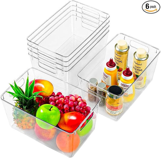 Freebat 6 Pack Large Clear Plastic Storage Bins,Plastic Containers with Handle for Pantry Organizer and Storage,Perfect for Kitchen,Fridge,Cabinet, Closet,Bathroom Under Sink Storage