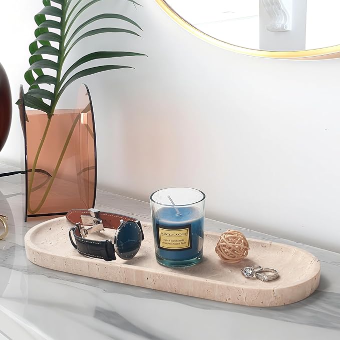 Oval Travertine Stone Tray for Jewelry, Candles, Perfume, Decorative Marble Bathroom Tray for Countertop Organizer 11.8inch x 4.3inch x 0.7inch