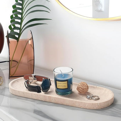 Oval Travertine Stone Tray for Jewelry, Candles, Perfume, Decorative Marble Bathroom Tray for Countertop Organizer 11.8inch x 4.3inch x 0.7inch