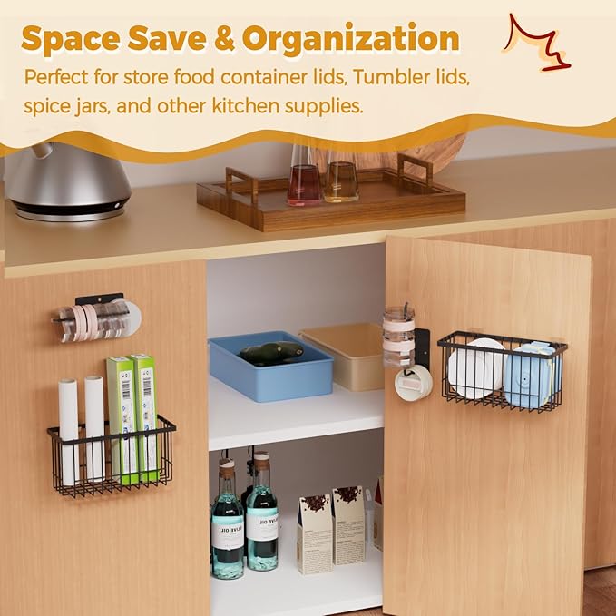 4 Pack Adhesive Cabinet Door Organizer - Tumbler Lid Organizer & Kitchen Storage baskets for Kitchen, Bathroom, Inside Cabinet Door Storage for Cup Lids, Spices, Small Supplies, Space-Saving (Black)