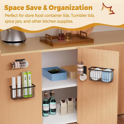 4 Pack Adhesive Cabinet Door Organizer - Tumbler Lid Organizer & Kitchen Storage baskets for Kitchen, Bathroom, Inside Cabinet Door Storage for Cup Lids, Spices, Small Supplies, Space-Saving (Black)