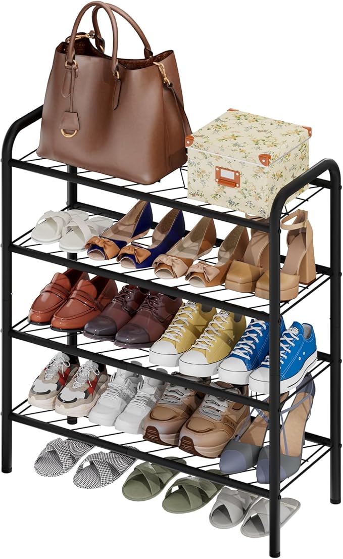 viewcare Shoe Rack for Closet, 4-Tier Small Shoe Rack for Entryway & Garage, Black Shoe Organizer Holds 10-14 Pairs, Sturdy Metal Construction