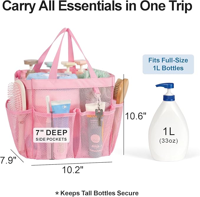 F-color Mesh Shower Caddy Portable, Upgrade Deeper 7 Pockets Shower Bag Basket Tote for College Dorm Room Toiletry Bathroom Essentials Gym Camp Quick Dry 2 handles with S Hook, Pink