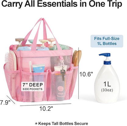 F-color Mesh Shower Caddy Portable, Upgrade Deeper 7 Pockets Shower Bag Basket Tote for College Dorm Room Toiletry Bathroom Essentials Gym Camp Quick Dry 2 handles with S Hook, Pink