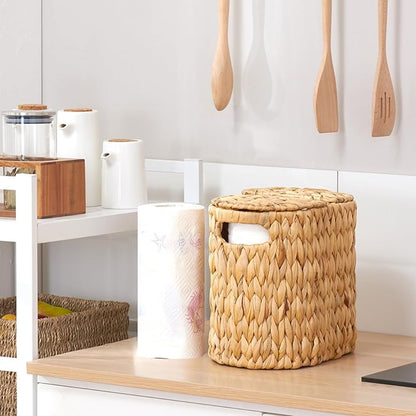 Toilet Paper Basket with Lid, Water Hyacinth Wicker Toilet Paper Storage Holder for 4 Rolls, Toilet Paper Storage for Bathroom